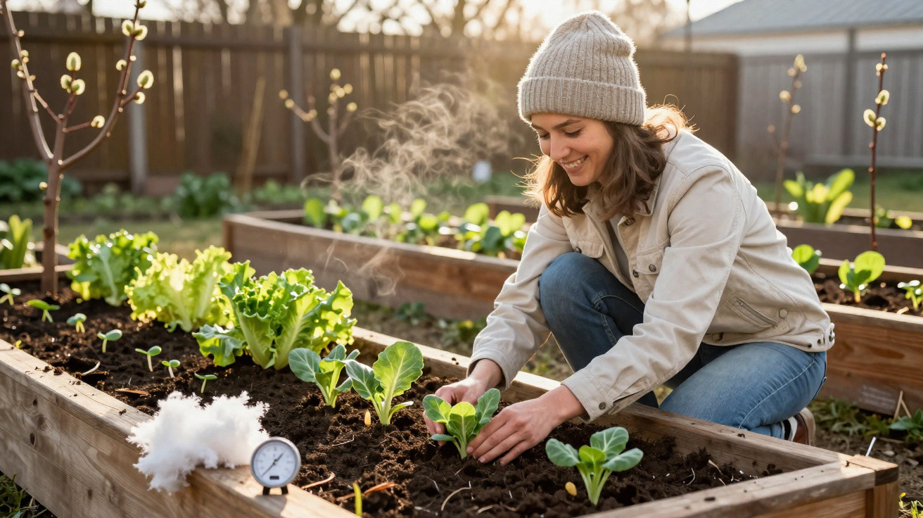 Mulher sorridente a plantar verduras numa horta elevada ao ar livre, com medidor de humidade na terra.