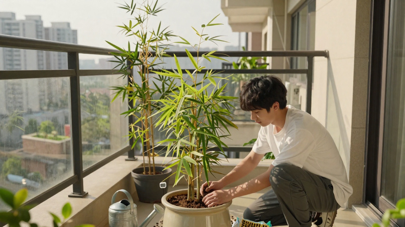 Pessoa a cuidar de plantas num vaso grande numa varanda com edifícios ao fundo.