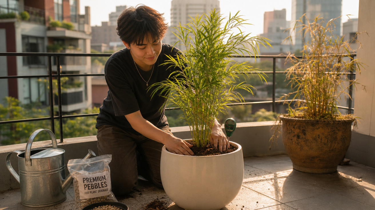 Pessoa a transplantar planta em vaso branco numa varanda com edifícios ao fundo.