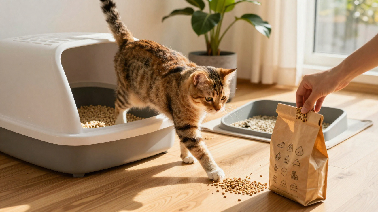 Gato a sair da caixa de areia, ao lado de comida espalhada e uma mão a despejar ração num saco castanho.