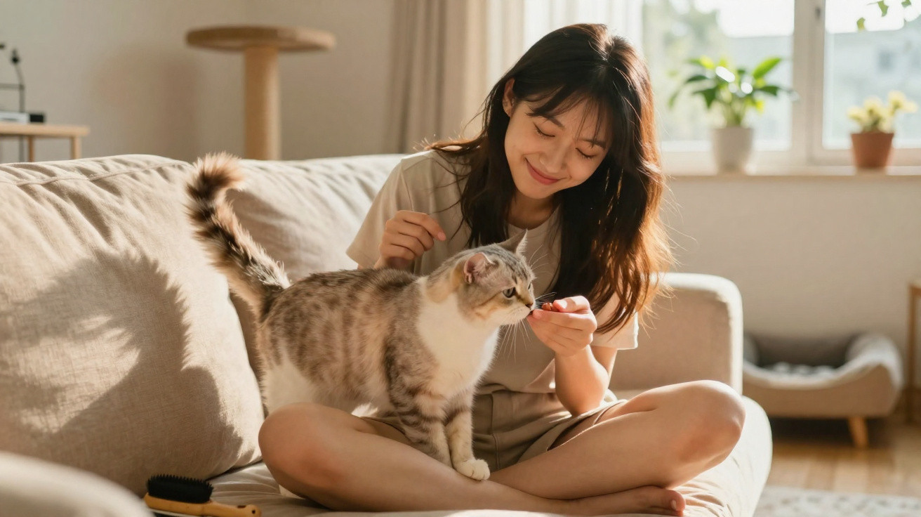 Jovem sentada no sofá a alimentar e acariciar um gato num ambiente iluminado e acolhedor.