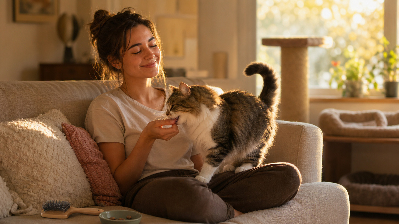 Mulher sentada no sofá a dar comida a um gato num ambiente acolhedor e iluminado a manhã.