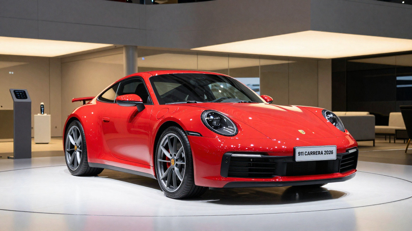 Carro desportivo vermelho Porsche 911 Carrera 2026 em exposição num espaço moderno interior.