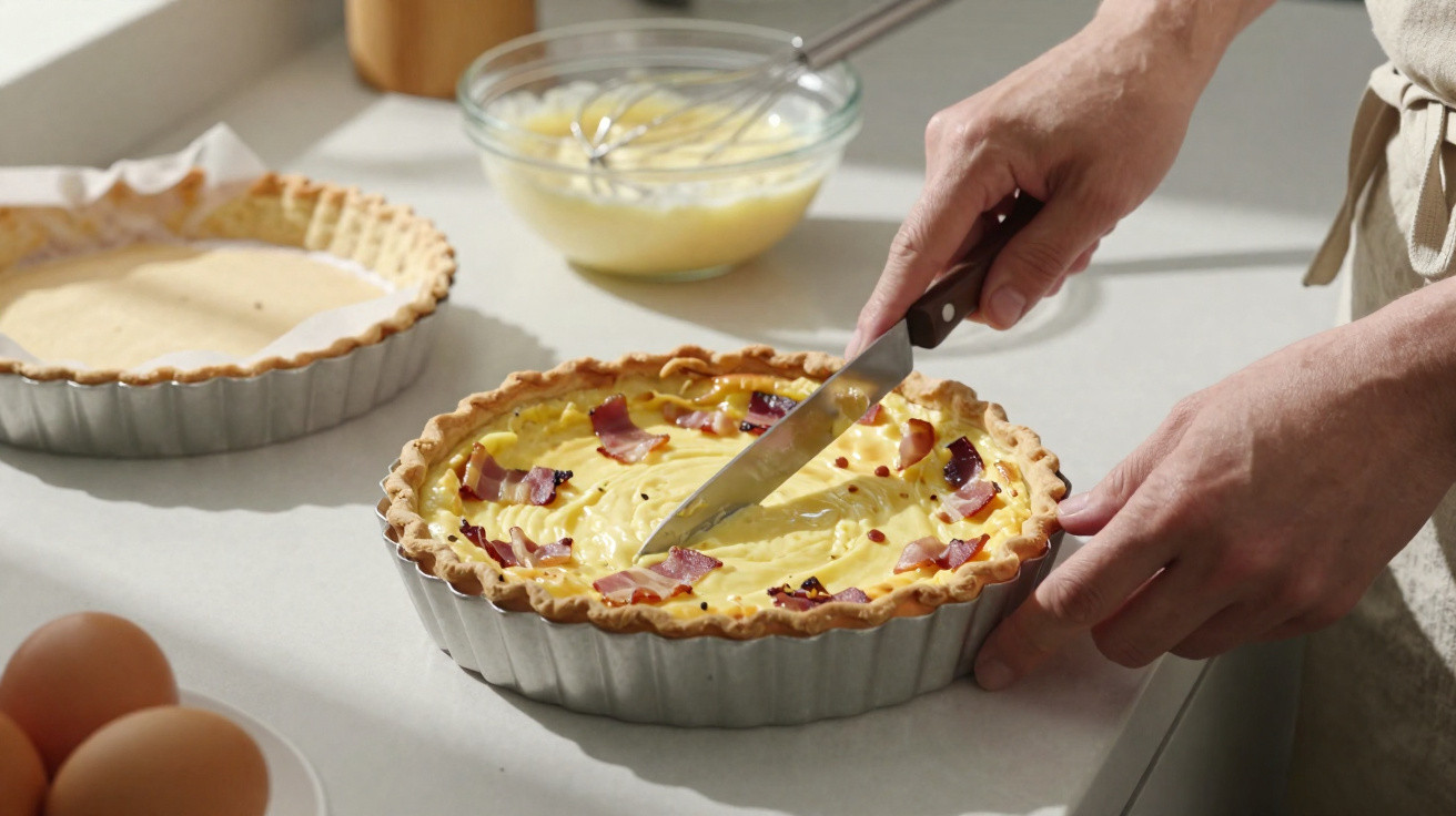 Pessoa a cortar quiche com pedaços de bacon numa bancada de cozinha clara.