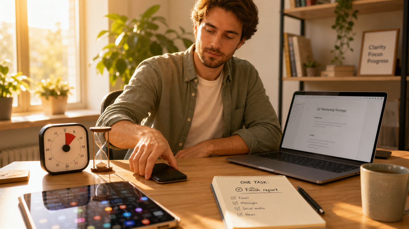 Homem a trabalhar numa secretária com laptop, tablet, smartphone e lista de tarefas num ambiente iluminado.