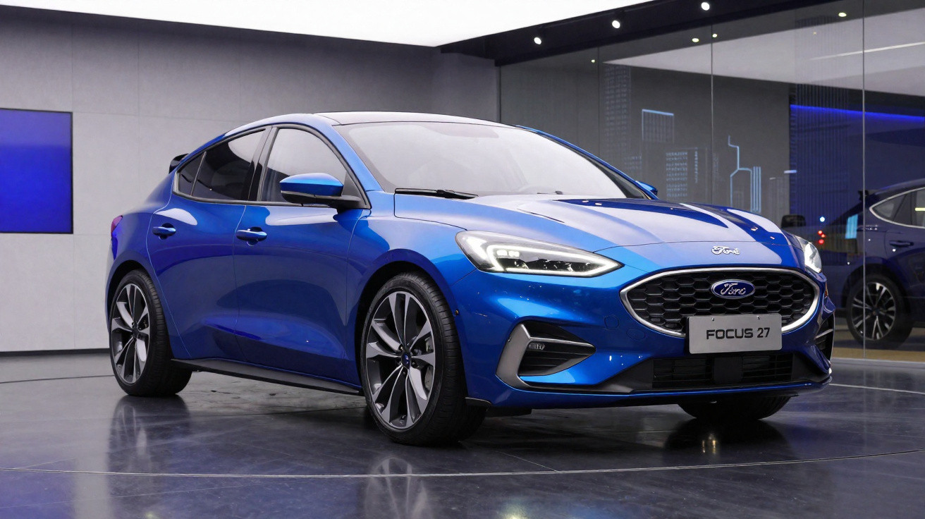 Carro desportivo azul Ford Focus 27 estacionado em showroom moderno com piso refletor.