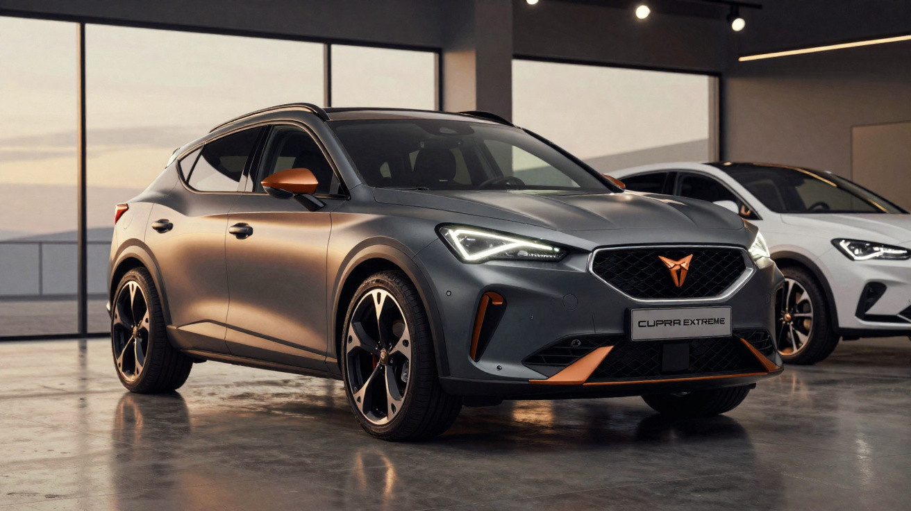 Veículo Cupra Extreme cinzento com detalhes laranja estacionado num espaço interior moderno com janela ampla.