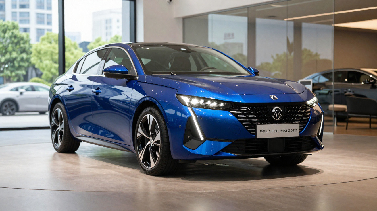 Carro desportivo azul Peugeot 408 2023 exposto em salão moderno com paredes de vidro.