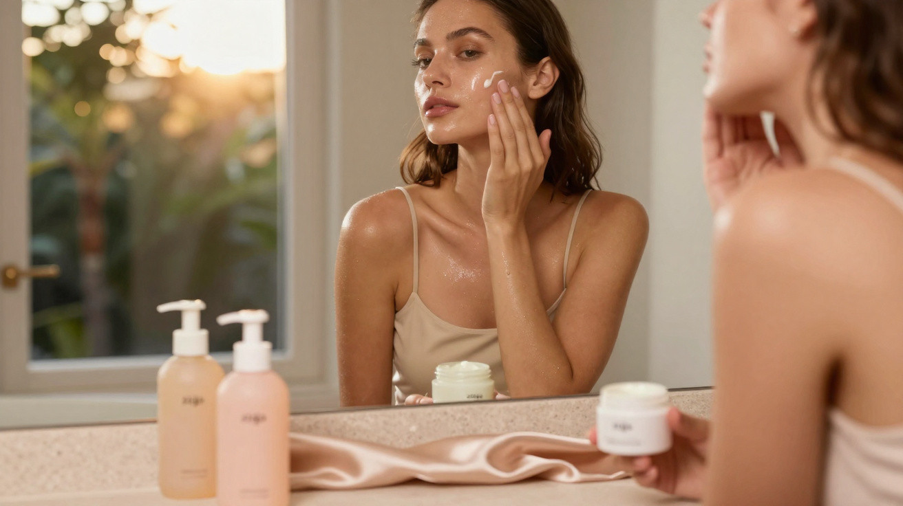 Mulher aplica creme facial junto a espelho num ambiente iluminado e tranquilo de casa.