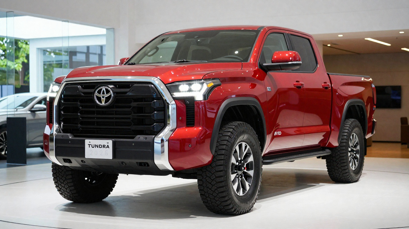 Picape Toyota Tundra vermelha em exposição num salão com iluminação interior moderna.