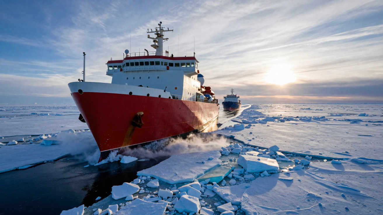 Navio quebra-gelos vermelho a navegar através do mar gelado durante o pôr do sol em ambiente polar.