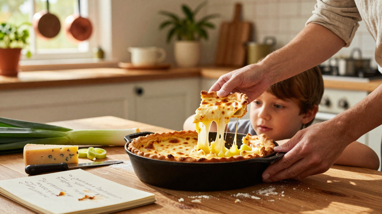 Homem a servir fatia de tarte de queijo derretido enquanto menino observa na cozinha caseira.
