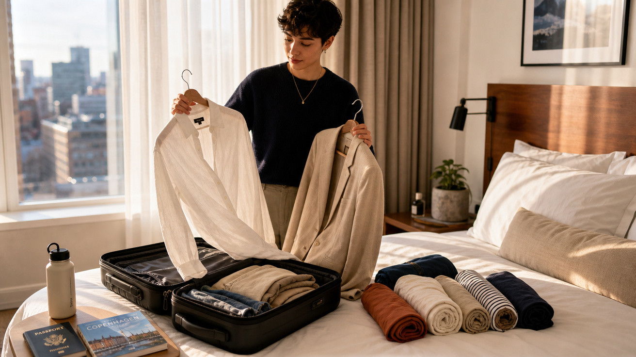 Pessoa jovem a escolher roupas para colocar numa mala de viagem num quarto iluminado e organizado.