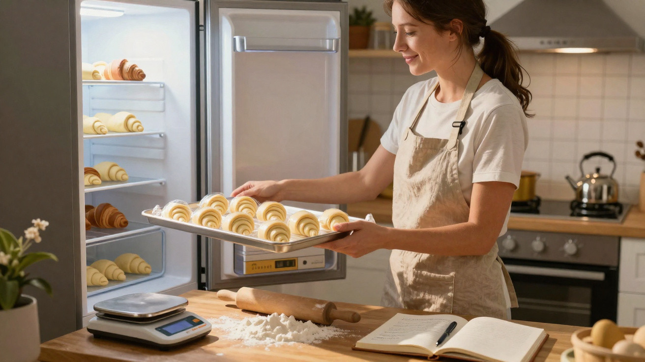 Mulher a colocar tabuleiro com croissants não cozinhados no frigorífico na cozinha.