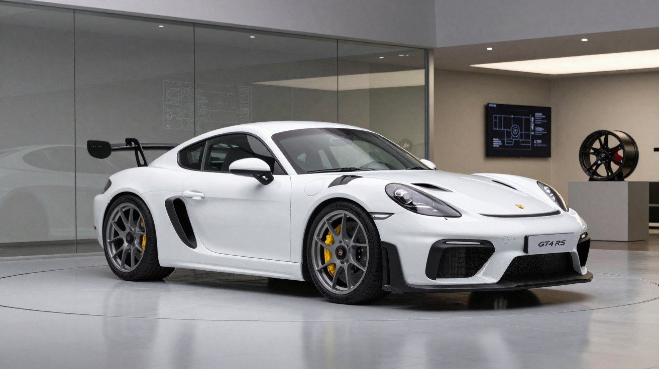 Carro desportivo branco Porsche GT4 RS estacionado em sala de exposição moderna com decoração minimalista.