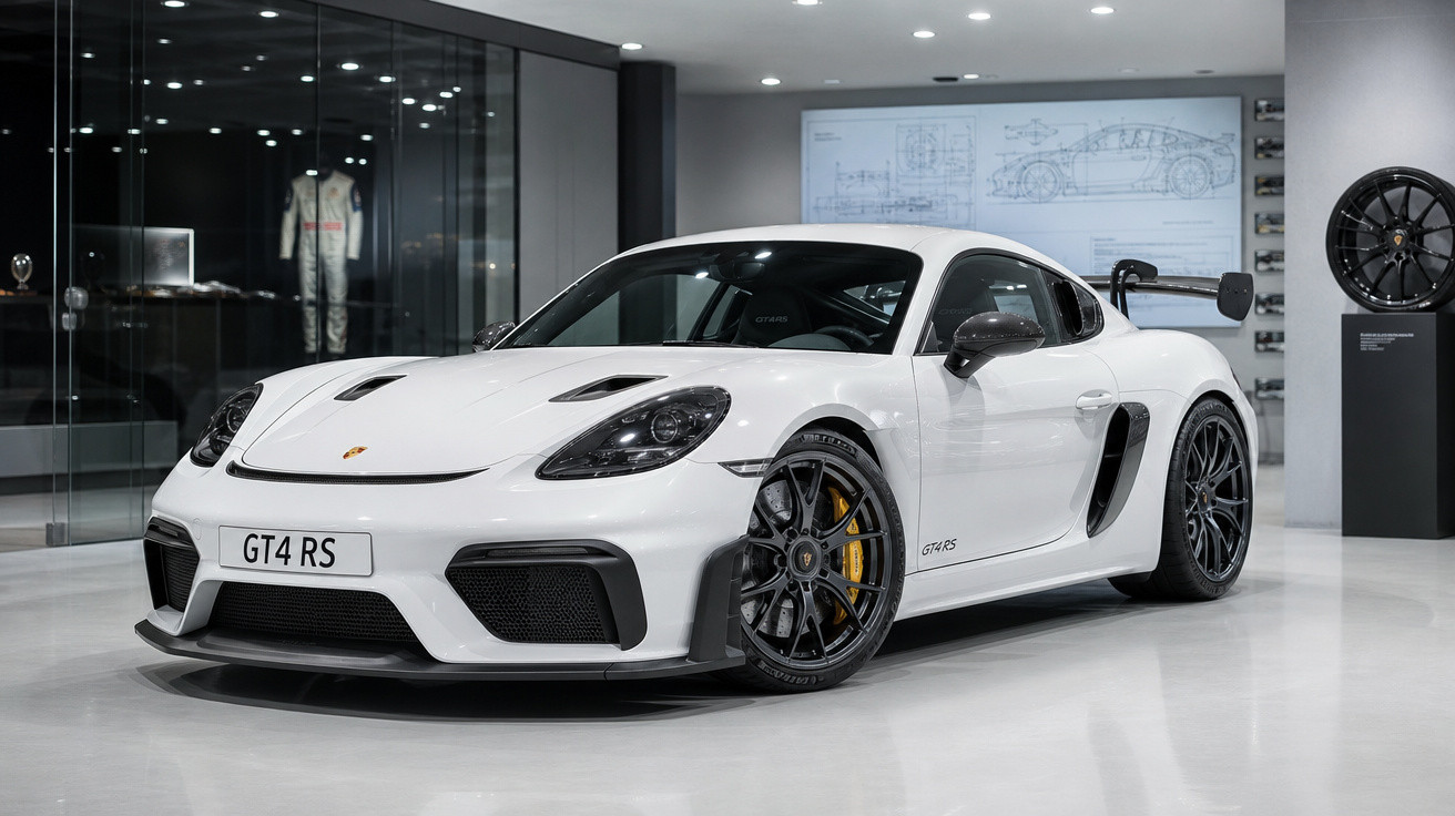 Carro desportivo Porsche GT4 RS branco estacionado em showroom moderno com rodas pretas e spoiler traseiro.