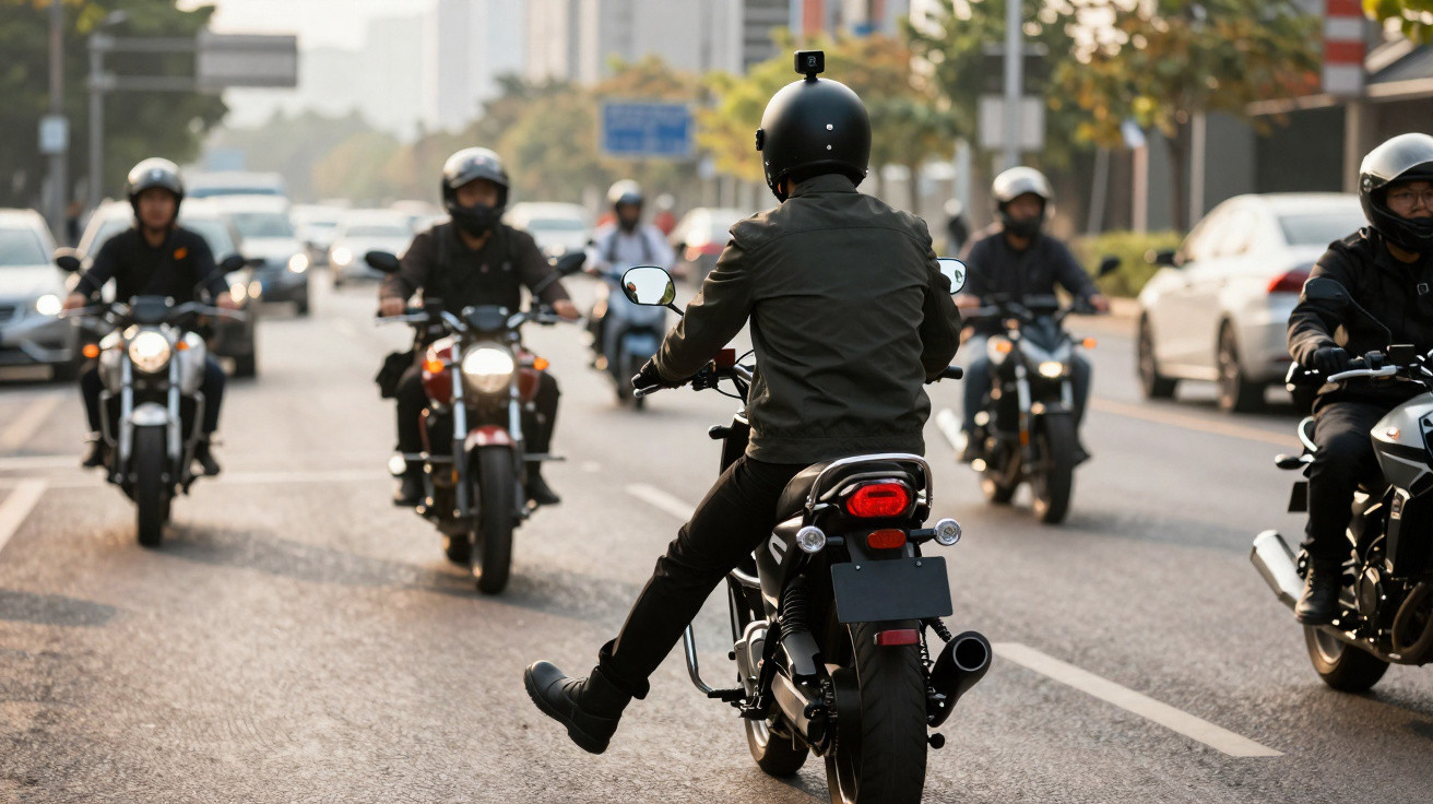 Grupo de motociclistas com capacetes a conduzir numa estrada urbana movimentada.
