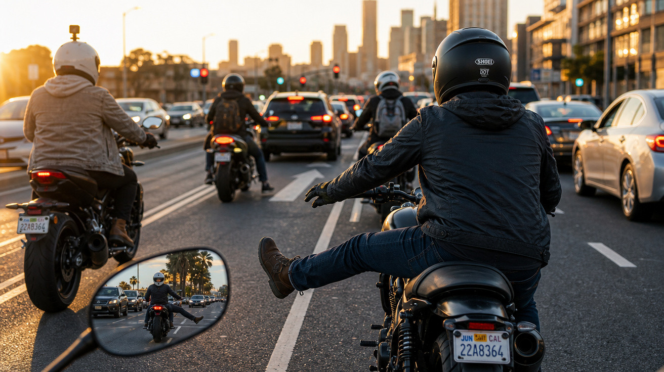 Motociclistas com capacete em trânsito urbano ao pôr do sol, visto de trás.