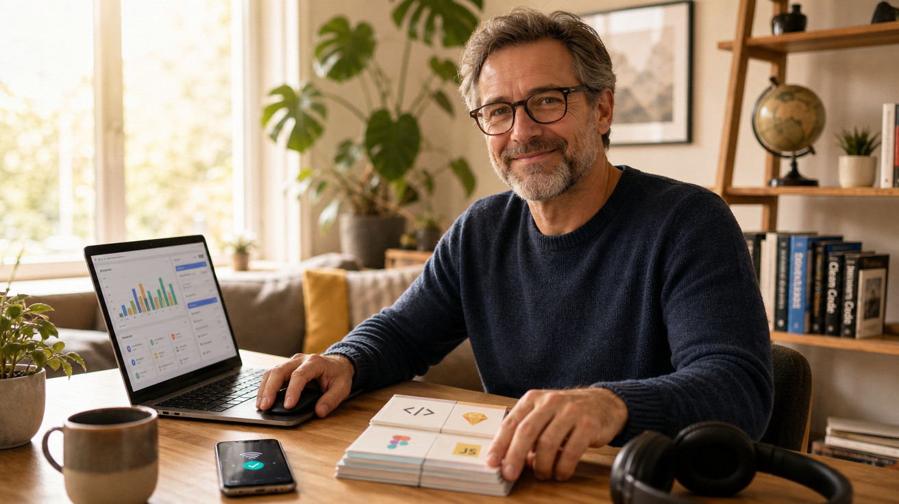 Homem com óculos, sentado à secretária com computador, telemóvel e livros de programação, sorrindo para a câmara.