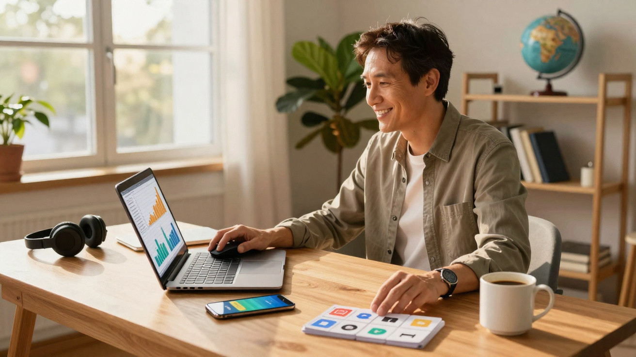 Homem a trabalhar num portátil com gráficos, smartphone e café numa mesa em escritório luminoso.