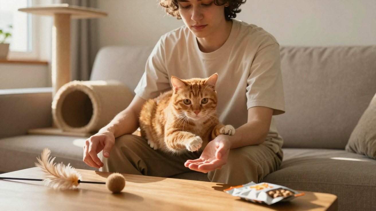 Pessoa sentada no sofá a brincar com um gato laranja que está em cima das suas pernas.