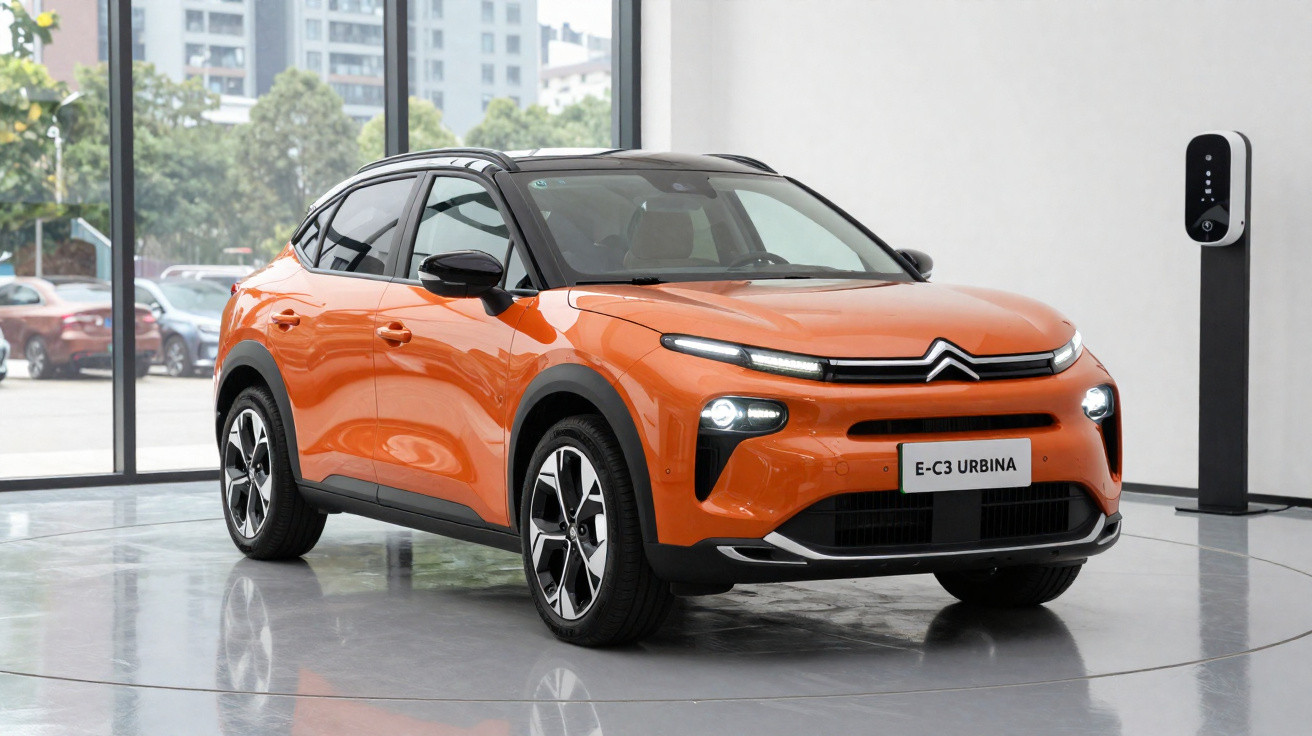 Carro Citroën E-C3 Urbina laranja estacionado em showroom moderno com chão espelhado.