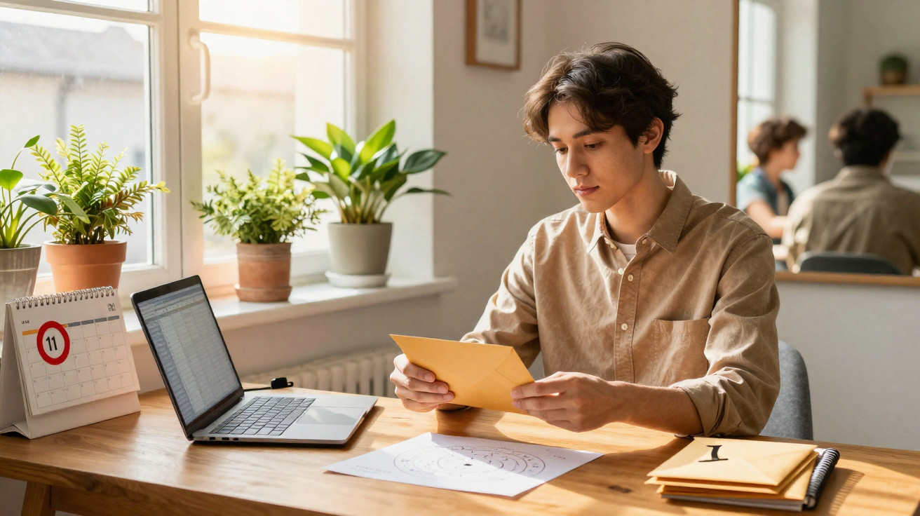 Jovem sentado à secretária, lendo documento em envelope, com computador, plantas e calendário ao lado numa sala iluminada.