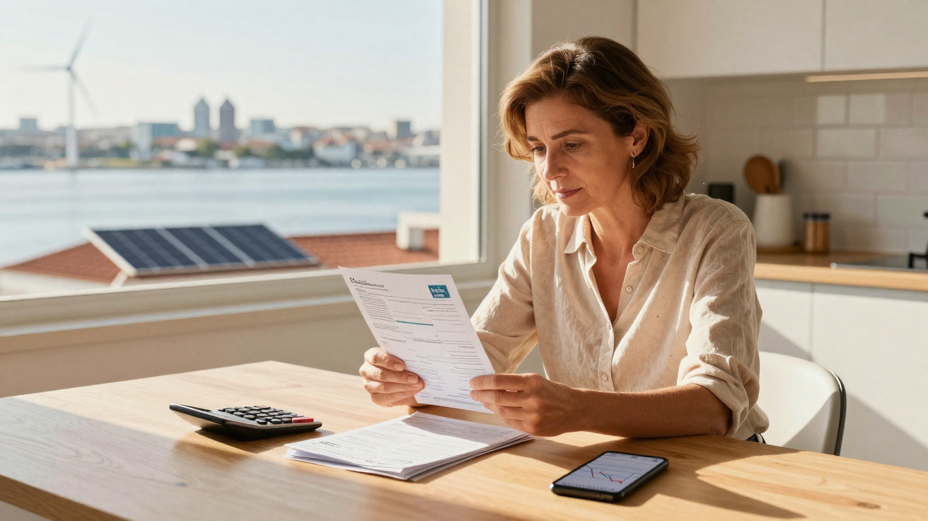 Mulher sentada à mesa a analisar uma fatura com calculadora e telemóvel, janela com vista para aerogeradores e painéis solare