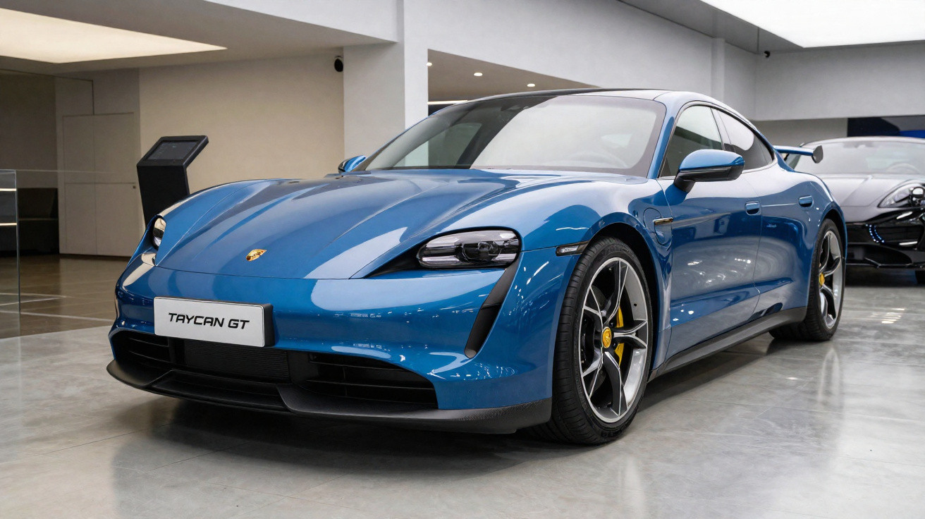 Carro desportivo elétrico Porsche Taycan GT azul numa garagem moderna com chão cinza brilhante.