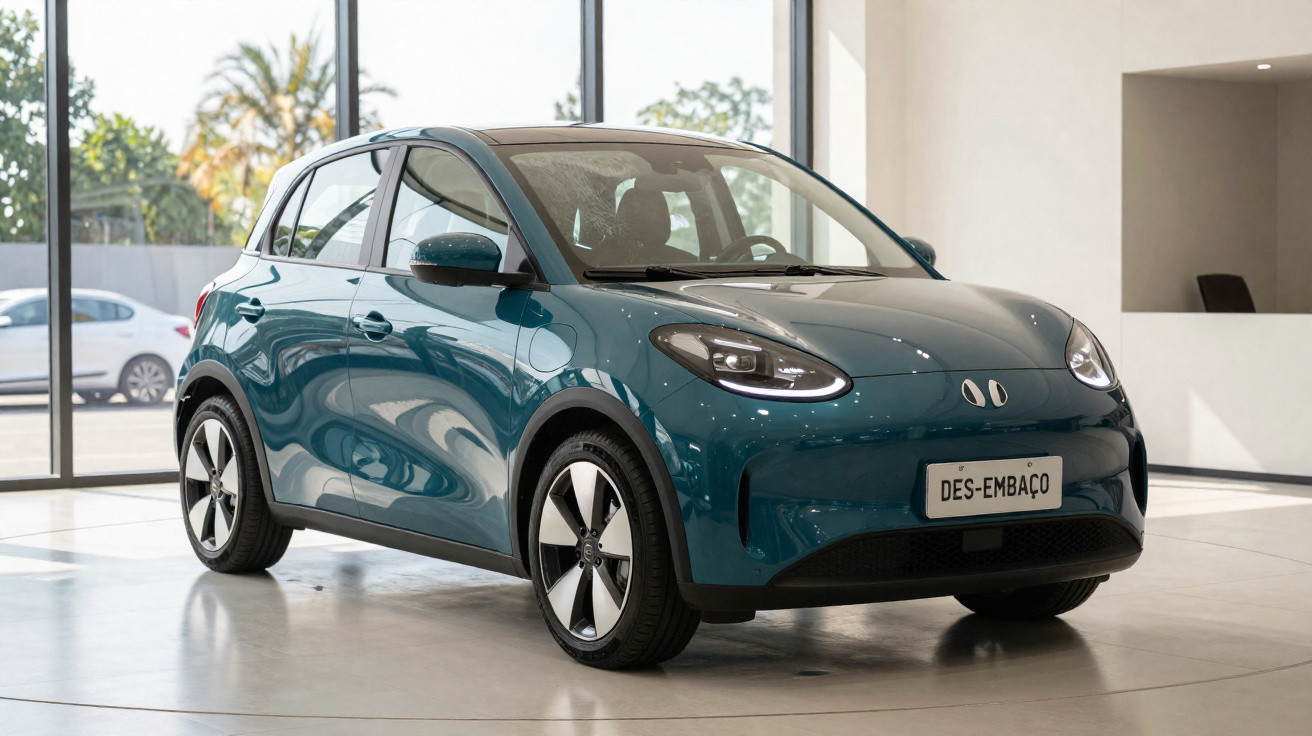 Automóvel compacto elétrico azul estacionado em showroom moderno, com luz natural e grandes janelas.
