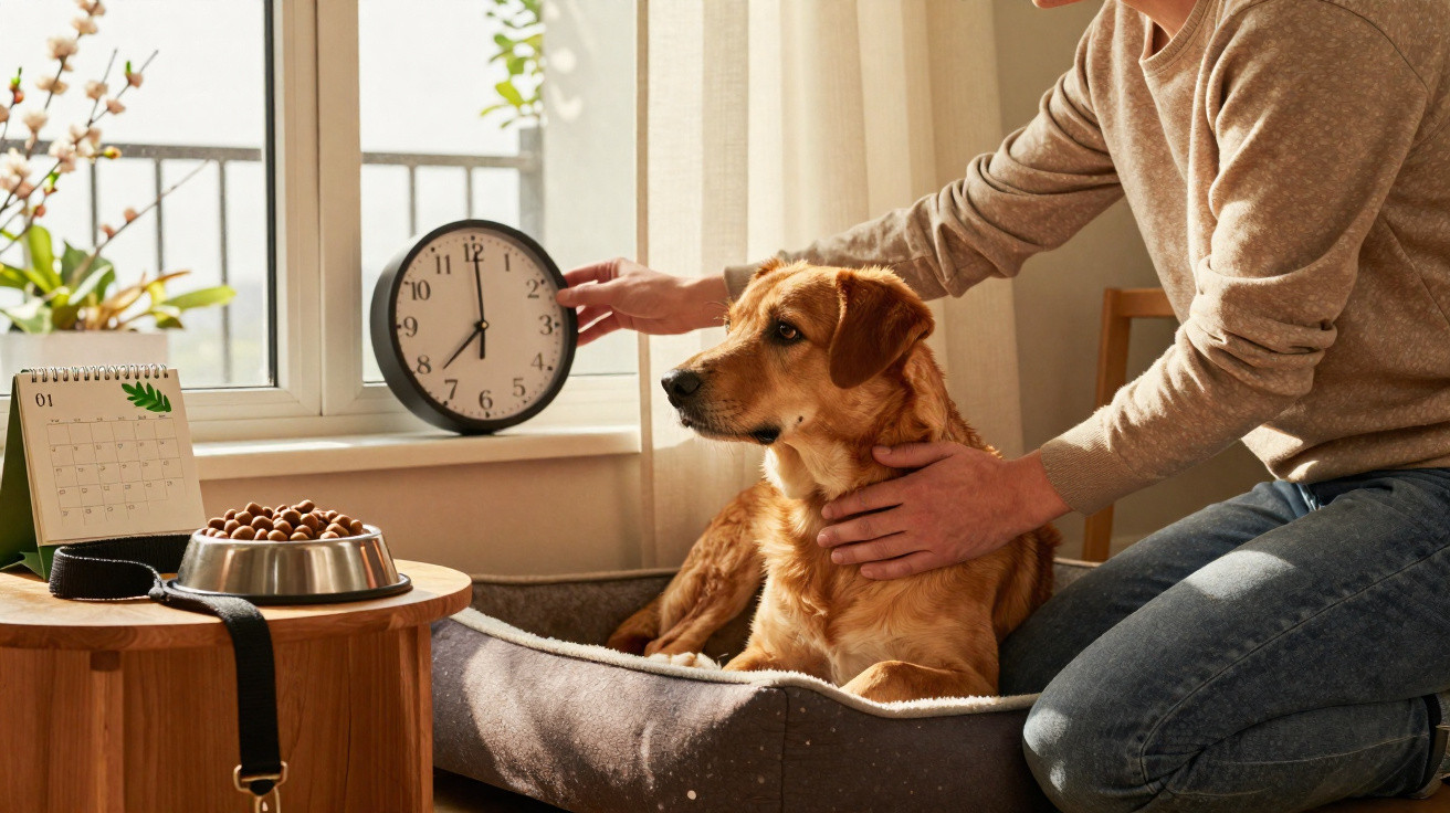 Pessoa a ajustar relógio perto de cão sentado na cama, com balde de comida e coleira numa mesa ao lado.