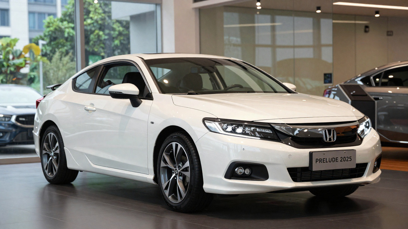 Carro desportivo branco Honda Prelude 2025 apresentado numa sala de exposição moderna.