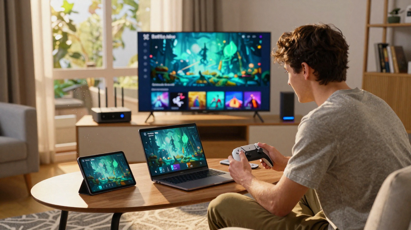 Homem a jogar videojogo com comando, com ecrãs de tablet, portátil e televisão ligados na mesma imagem do jogo.