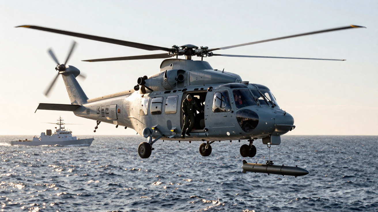 Helicóptero militar cinzento em voo sobre o mar com um torpedo suspenso e navio de guerra ao fundo.