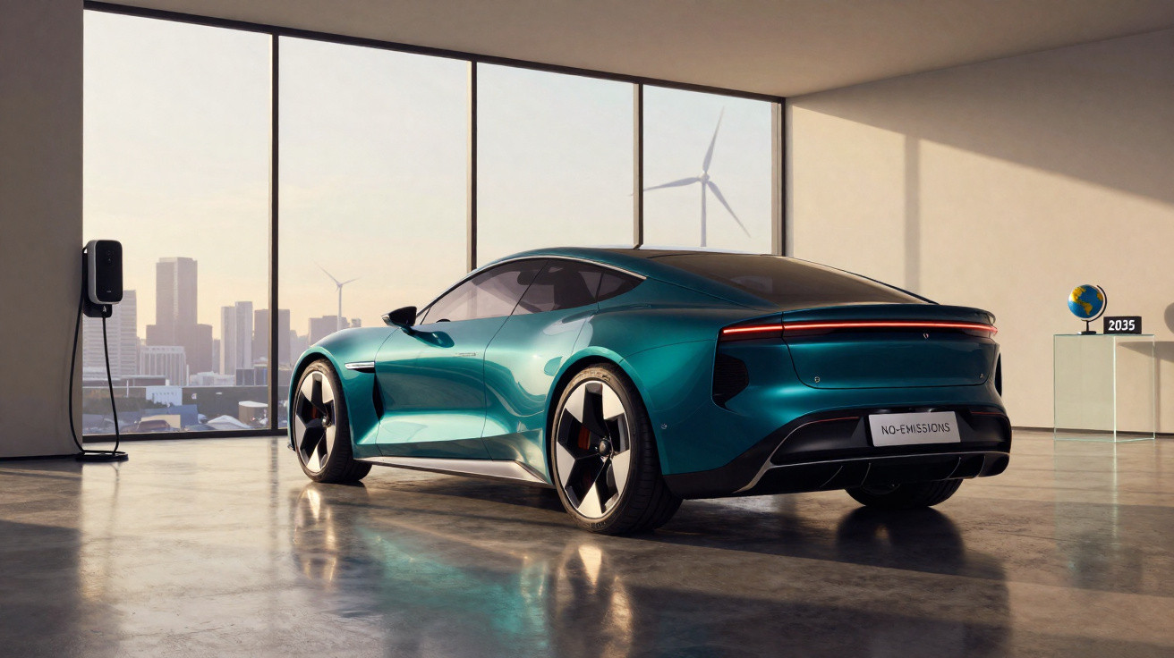 Carro elétrico azul futurista estacionado em garagem com painéis solares e turbinas eólicas ao fundo.