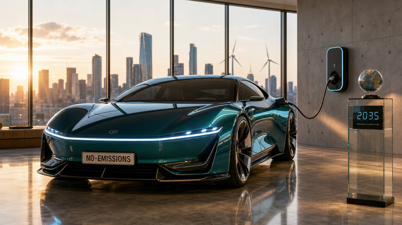Carro elétrico futurista a carregar em casa moderna com vista urbana ao pôr do sol e placa "NO-EMISSIONS".