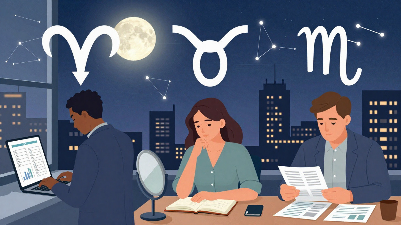 Três pessoas a trabalhar à noite, com símbolos do zodíaco e constelações no céu atrás da cidade iluminada.