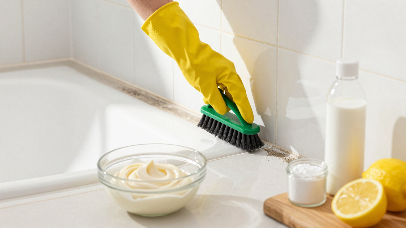 Mão com luva amarela a esfregar sujidade na junta do azulejo com uma escova e ingredientes caseiros à frente.