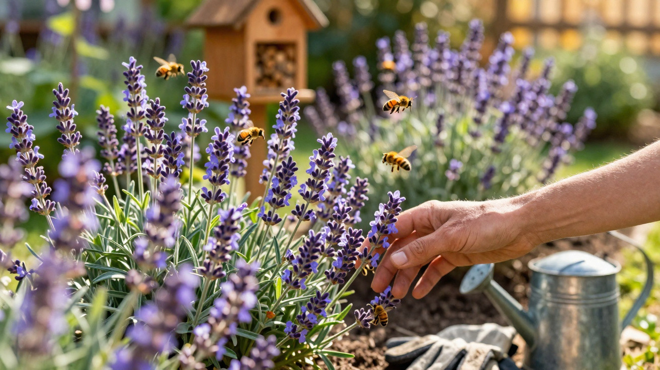Mão humana perto de flores de lavanda com abelhas a voar e regador metálico em jardim ensolarado.