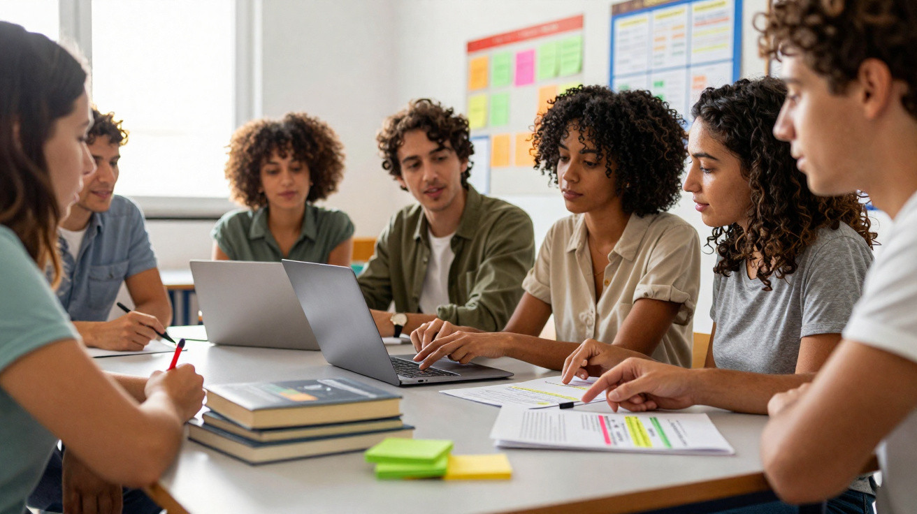 Grupo de jovens estudantes reunidos à volta de mesa a discutir trabalho com computador e documentos.