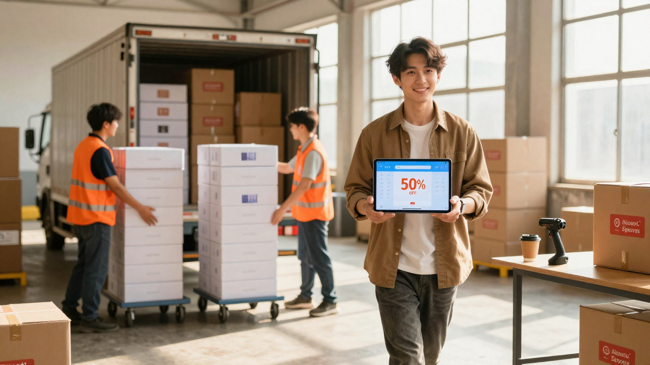 Homem sorridente segura tablet com oferta 50% em armazém enquanto colegas movem caixas em carrinhos.