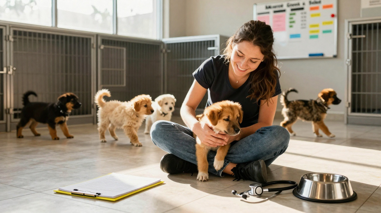 Mulher sentada no chão com cinco cachorros filhotes numa clínica veterinária iluminada.