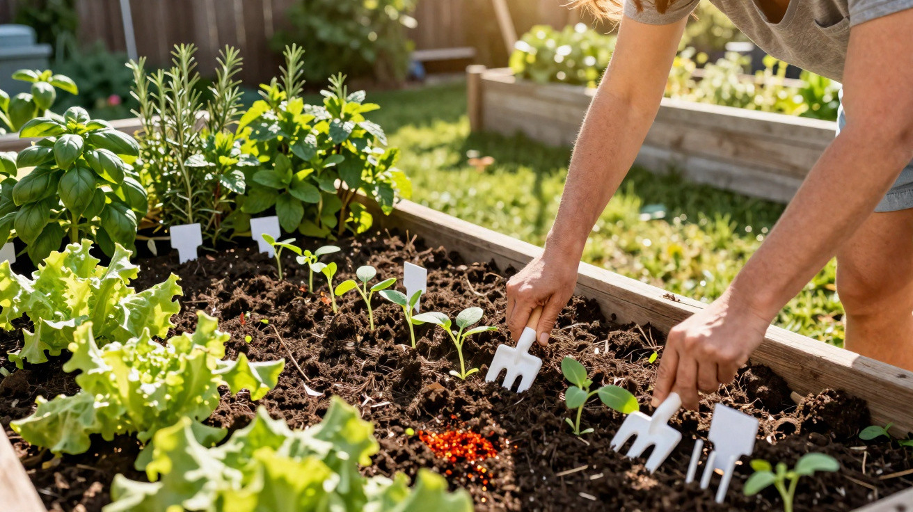 Pessoa a cuidar de plantas jovens num canteiro de jardim com ferramentas de jardinagem à mão.