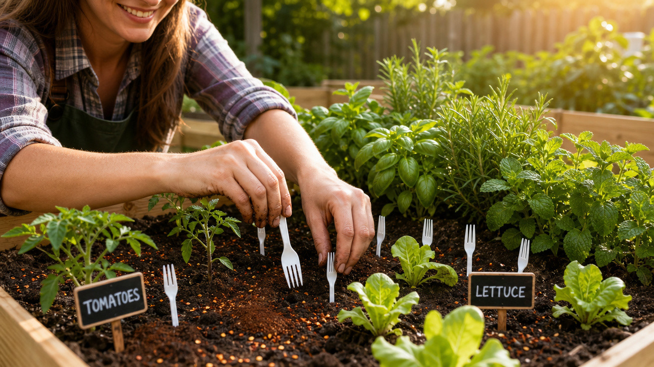 Mulher a plantar mini garfos de plástico para identificar plantas de tomate e alface num jardim.