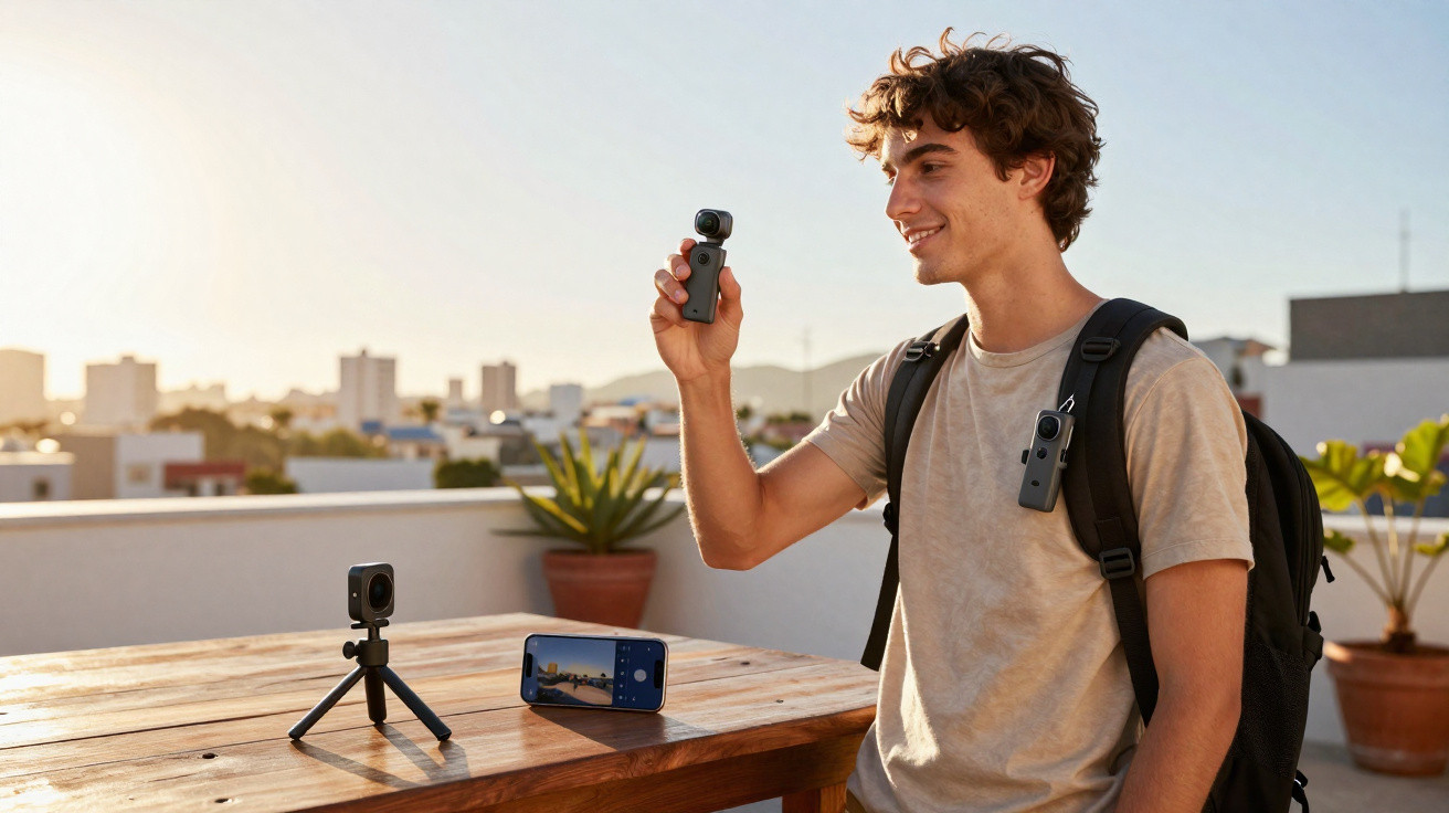 Jovem com mochila segura uma câmara de ação, enquanto outra está num tripé sobre uma mesa de madeira ao ar livre.