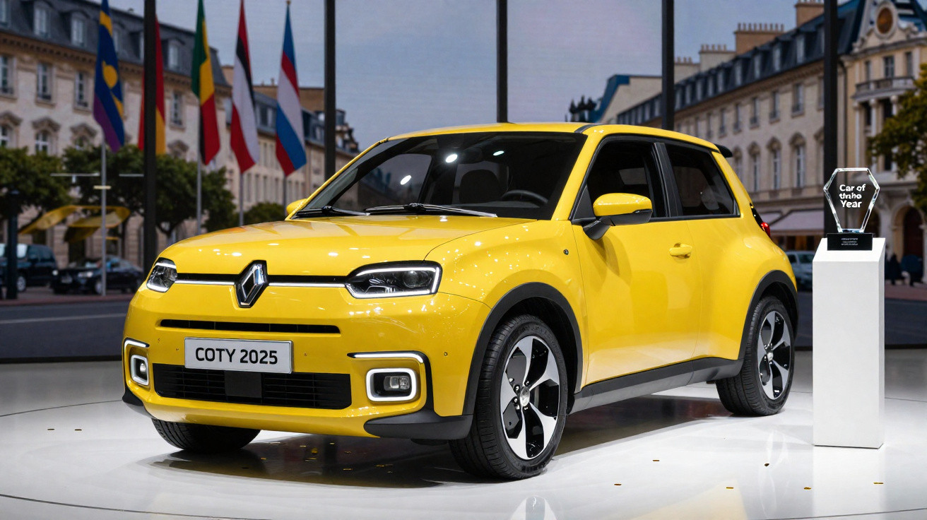 Carro amarelo Renault em exposição, prémio "Carro do Ano 2025" ao lado.
