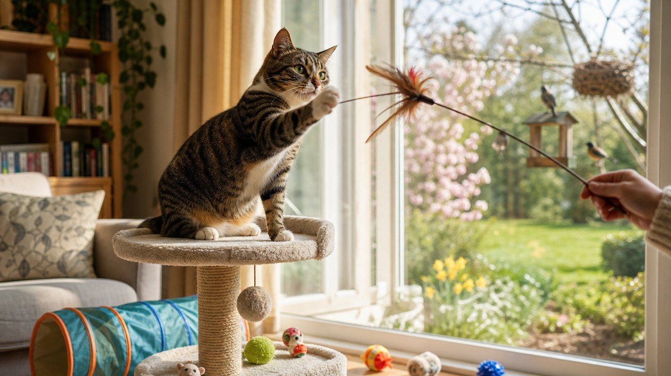 Gato tigrado brinca com pena presa a vara num arranhador junto a janela com jardim iluminado ao fundo.