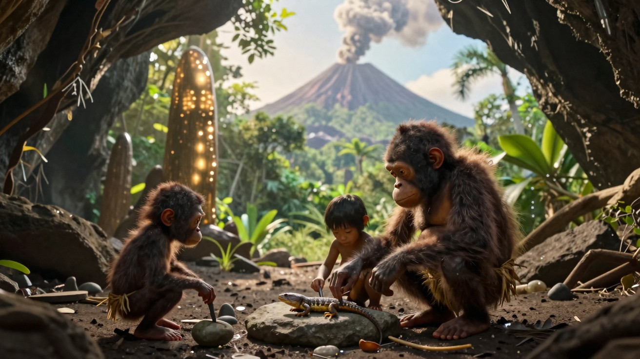 Criança e dois macacos observam um lagarto, com vulcão em erupção visível ao fundo na floresta.