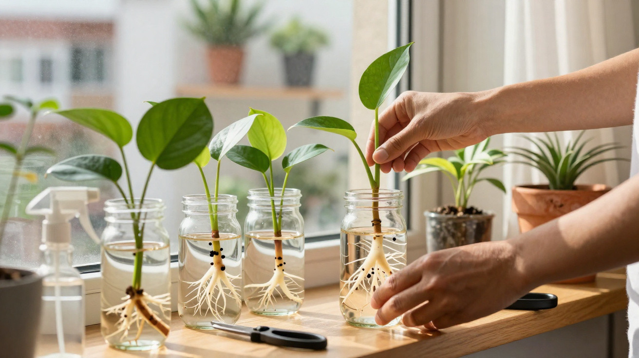 Mãos a cuidar de plantas com raízes em frascos de vidro cheios de água numa janela iluminada.