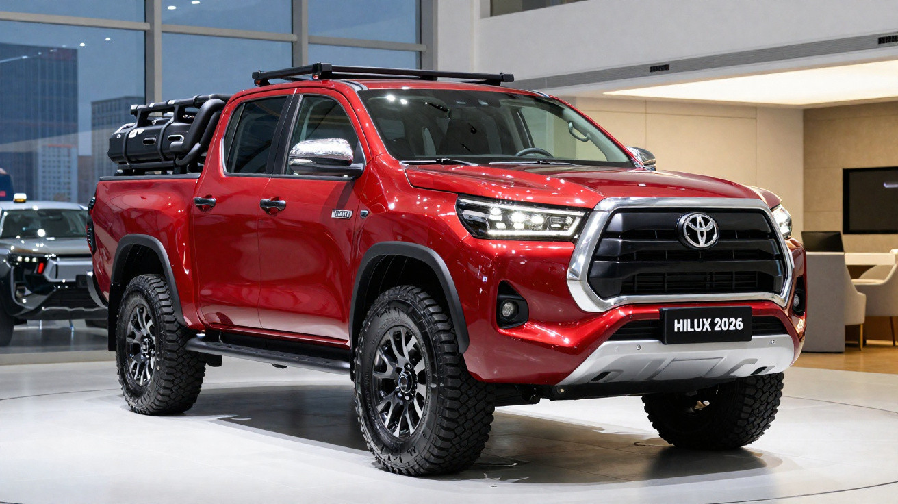 Picape Toyota Hilux 2026 vermelha exposta em showroom moderno, destacando faróis LED e design robusto.